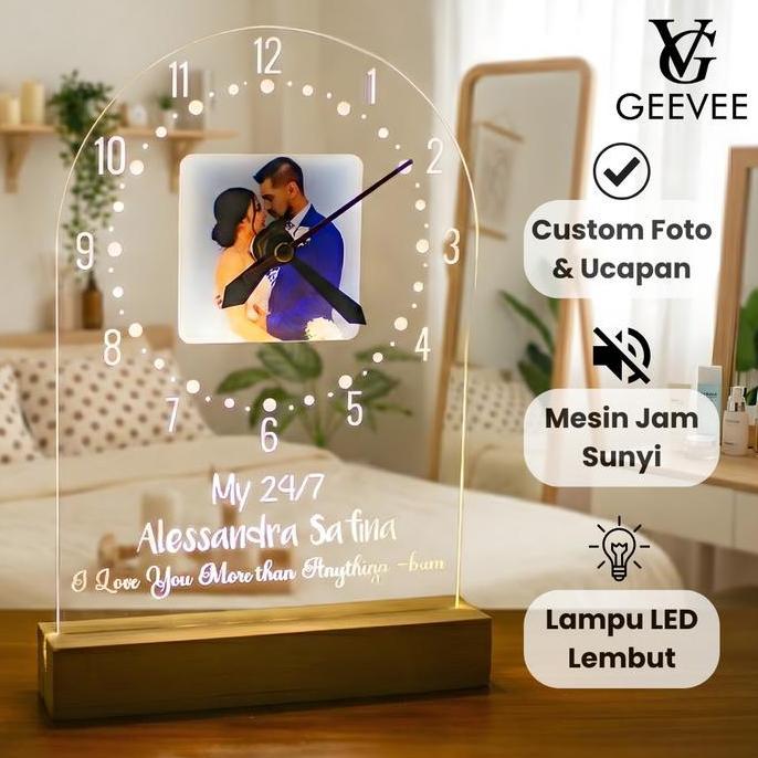 Jam Meja Akrilik Lampu LED Transparant Kado Ulang Tahun Cewek Cowok Custom Foto Hadiah Anniversary U