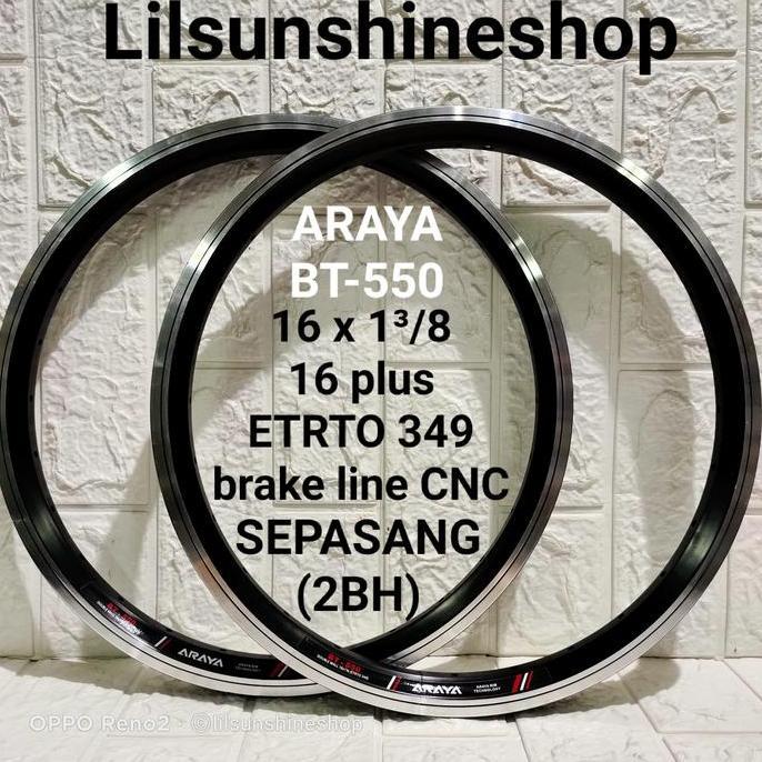 Rims Velg 16 Plus 16x1 3/8 ARAYA BT550 Lubang 28H ETRTO 349 Double Wall Brake Line Black CNC Sepeda 