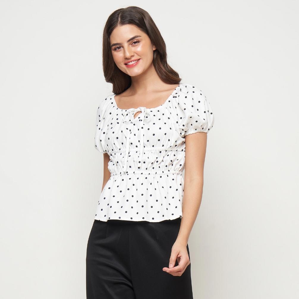 CALEA Tasya Blouse Wanita Polkadot Putih Hitam Atasan Wanita Lengan Pendek Puff Casual Korean Style 
