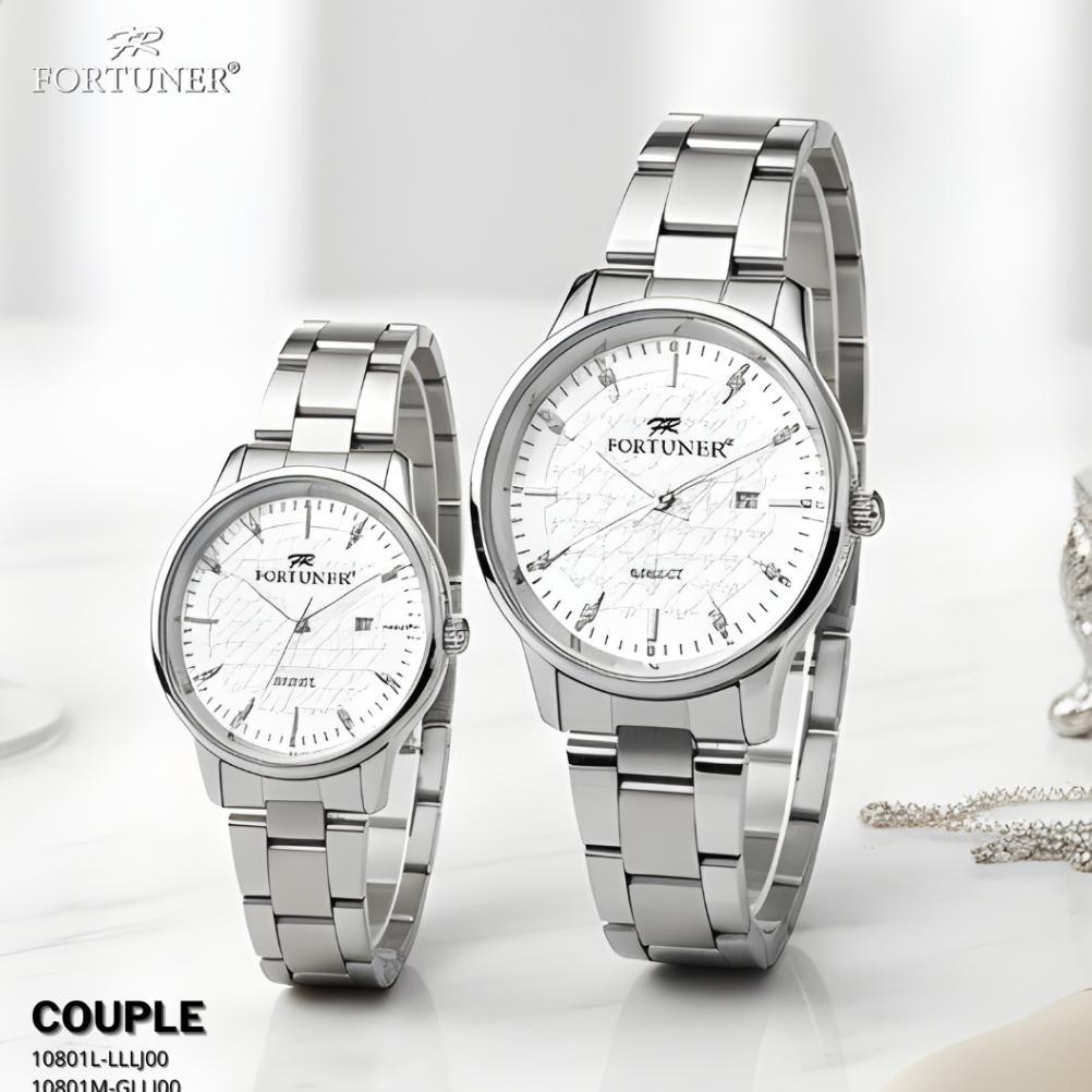 paket hemat fortuner arloji couple jam tangan analog tahan air water resistant rantai stainless cele