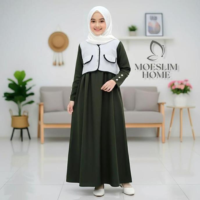 Luna Gamis Anak Tanggung Terbaru 2026 Usia 8-16 Tahun Motif Rompi Variasi Kancing Dress Shakila Rema