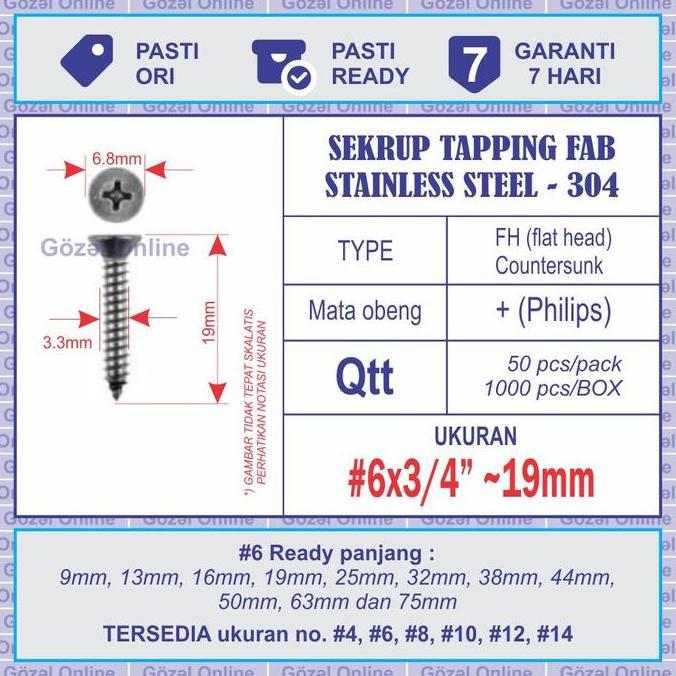 Nutbolt- Sekrup Stainless Fab No. 6 X19Mm - St 3.5 X 3/4" - Tapping - 50Pcs