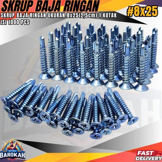 Grosir Skrup Baja Ringan Ukuran 2.5Cm 8X25 Kemasan (1Dus Isinya 1000Pcs)/Sekrup Baja Ringan,Skrup Ro