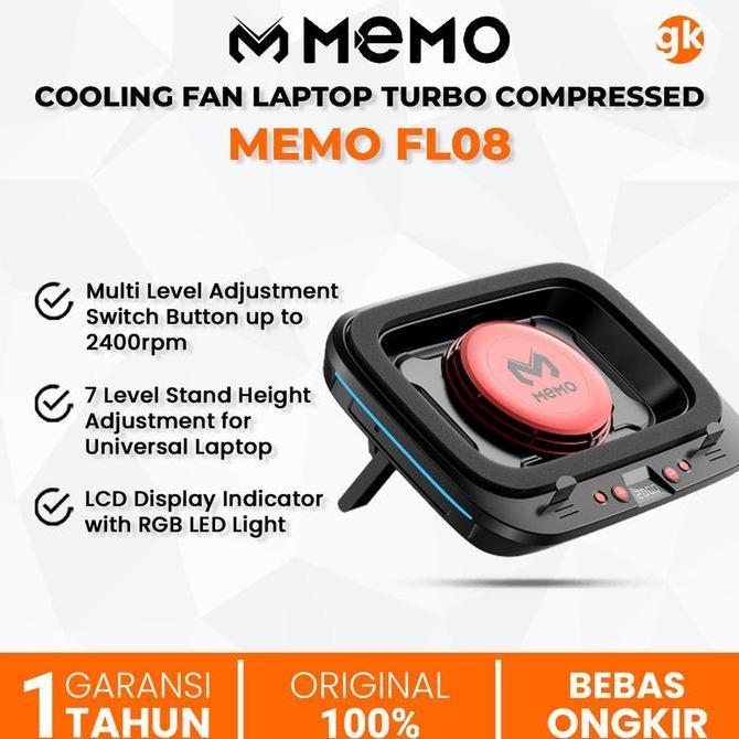 MEMO FL08 Cooling Fan Laptop Pad Cooler 2400RPM Turbo Compressed Air Stand Peninggi Laptop