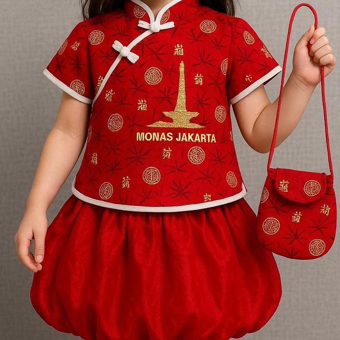 Selikobrter  - SETELAN ROK CINA ANAK PEREMPUAN MOTIF MONAS JAKARTA/BAJU CINA CHEONGSAM FREE TAS MODE