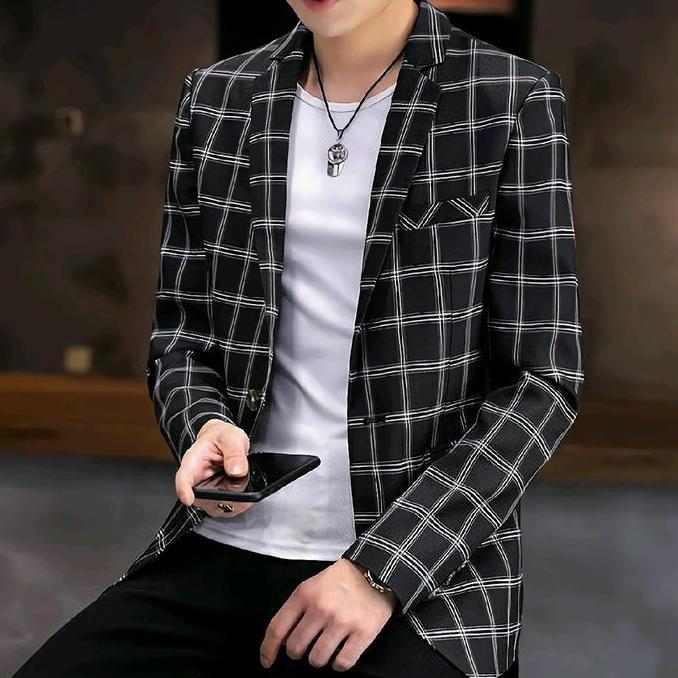Selikobrter  - Jas blazer tartan kotak kotak | Jas tartan pria | Jas blazer slimffiting Casual Cowok