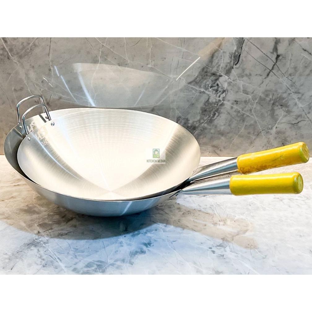 FREE ONGKIR WAJAN STAINLESS STEEL TEBAL GAGANG KAYU WOK PAN KUALI