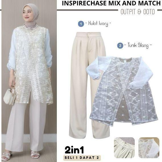 2In1 (Celana Kulot + Outer Brokat) Setelan Wanita Keyra Organza Payet Tunik Brokat Baju Raya, Kondan