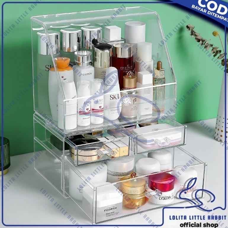 READY LOLITA Rak Kosmetik Acrylic Transparan Dengan Penutup Anti Debu Storage Box / Tempat Penyimpan