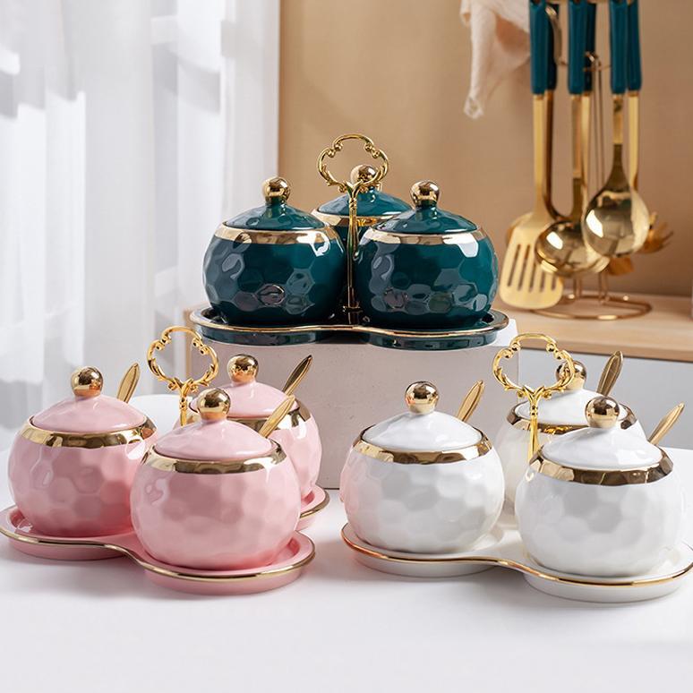 Tempat Bumbu Set Keramik Bulat List Gold Mewah / Set Seasoning Jar Elegan / Tempat Bumbu Dapur Keram