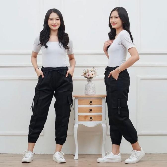 Revatokogrosir - Celana Joger Cargo Wanita Panjang / Cargo Pants Tali / Saku Samping Casual Jogger K