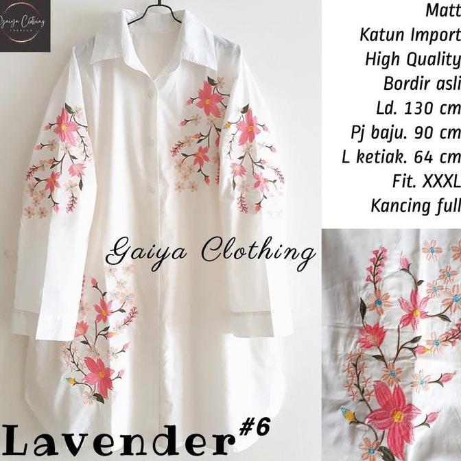 KEMEJA TUNIK JUMBO KATUN BORDIR BUNGA WANITA WHITE SERIES LD. 130 LAVENDER JUMBO Putih Baju Atasan M