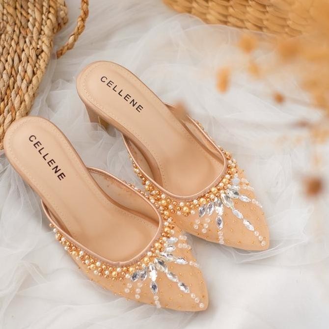 Cellene Primrose Beads Heels (3Warna) / Wedding Shoes 7Cm Payet Wanita Pesta