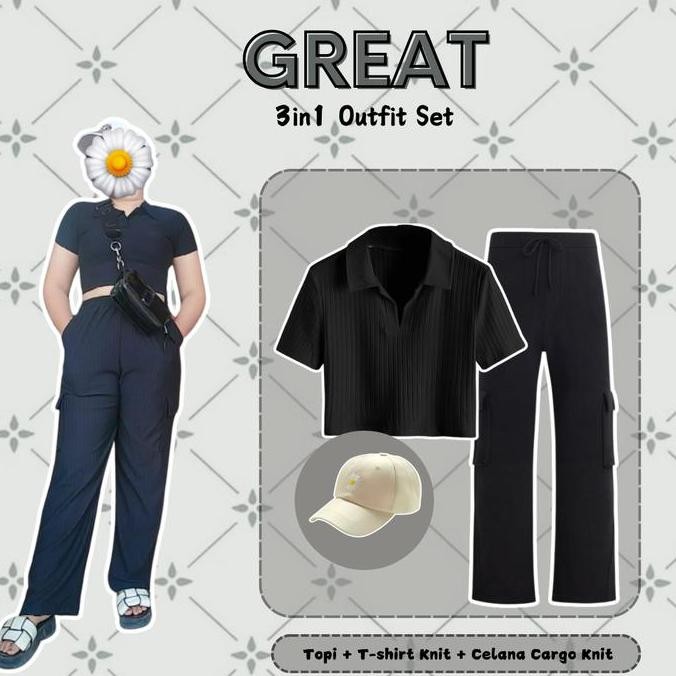 Promo Setelan Great 3In1 Outfit Set { T-Shirt Knit Hitam + Celana Cargo Knit Hornet Hitam + Topi Cre