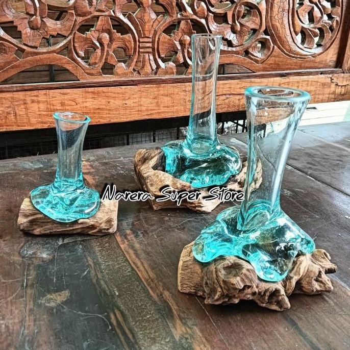Vas Bunga Cantik 20 cm Kaca Tiup Alas Akar Kayu Murah Ekonomis Natural SS