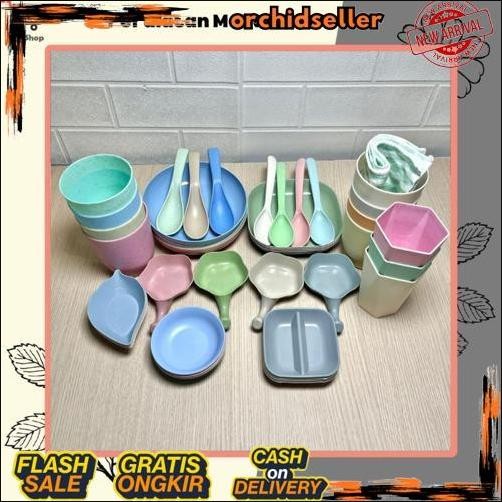 GROSIR Piring Sendok Gelas Jerami Gandum Cangkir Mug Serbaguna Alat Makan Set Plastik