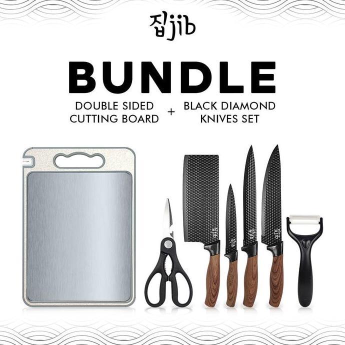 JIB Bundle Black Diamond Knives Set 4+2 & Double Sided Cutting Board