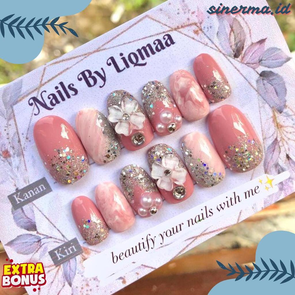 Wajib Punya Kuku Palsu Pink Nude Kombi Bunga / Kuku Palsu Wedding / Nail Art Nude / Kuku Palsu Nude 