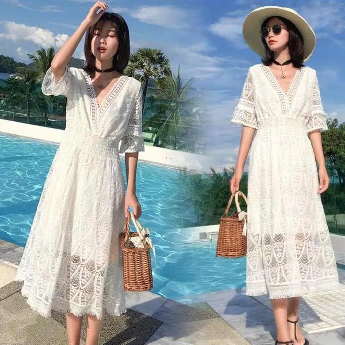 Promo White Dress Wanita Import Beachwear Summer Dress Boho Bohemian Dress COD