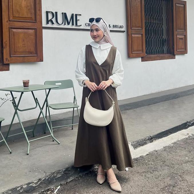 Promo YEPPUOUTFIT - Hyewon Overall | Basic Dress Panjang Simple Lucu V Line Tanpa Lengan Bahan Linen