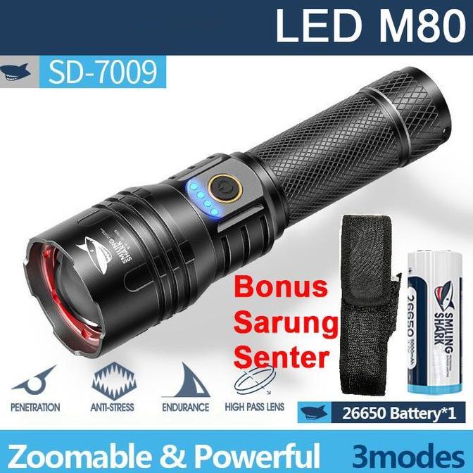Senter Smiling Shark Sd7009 Smilingshark Sd 7009 M80 Super Terang Powerbank Type-C Rechargeable Torc