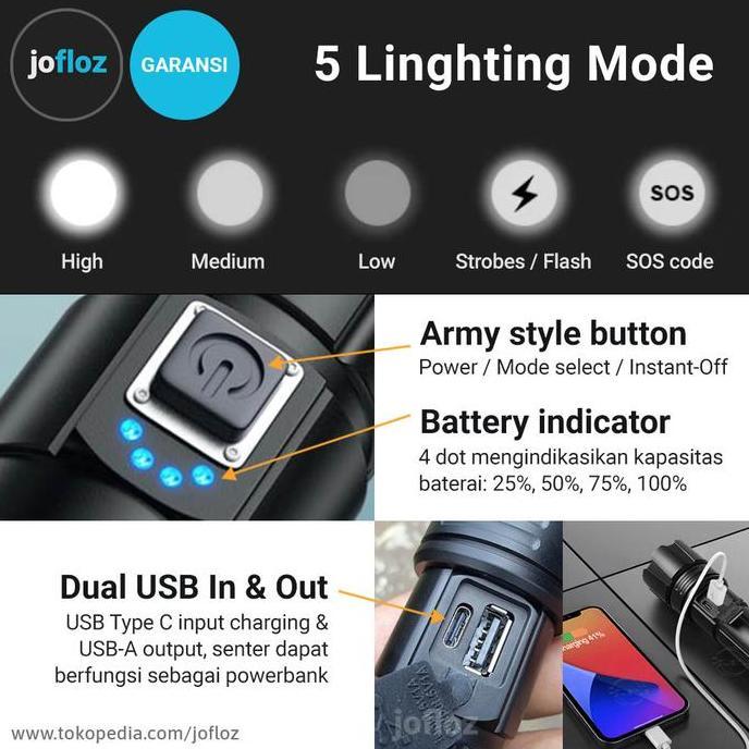 Senter Led Xhp70 Zoom Baterai 26650 Usb Recharge Tactical Camping Swat