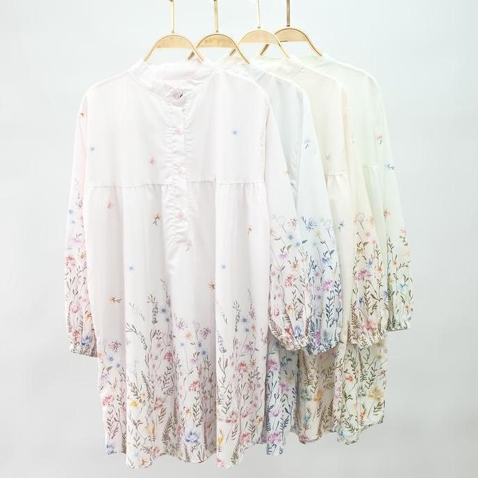 Kemeja Wanita Semi Tunik  / Top Atasan Blouse Panjang Motif Bunga / Semi Tunik Motif Bunga Lengan Pa