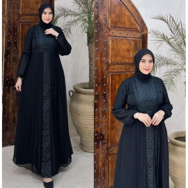 GAMIS ABAYA TURKEY COUPLE IBU ANAK BORDIR SAFIRA FULL HITAM