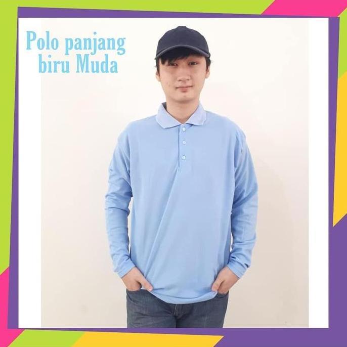 DE158 >> Kaos Kerah Polos Lengan Panjang Warna Biru Muda | Biru Langit / Kaos Kerah Panjang Dewasa U