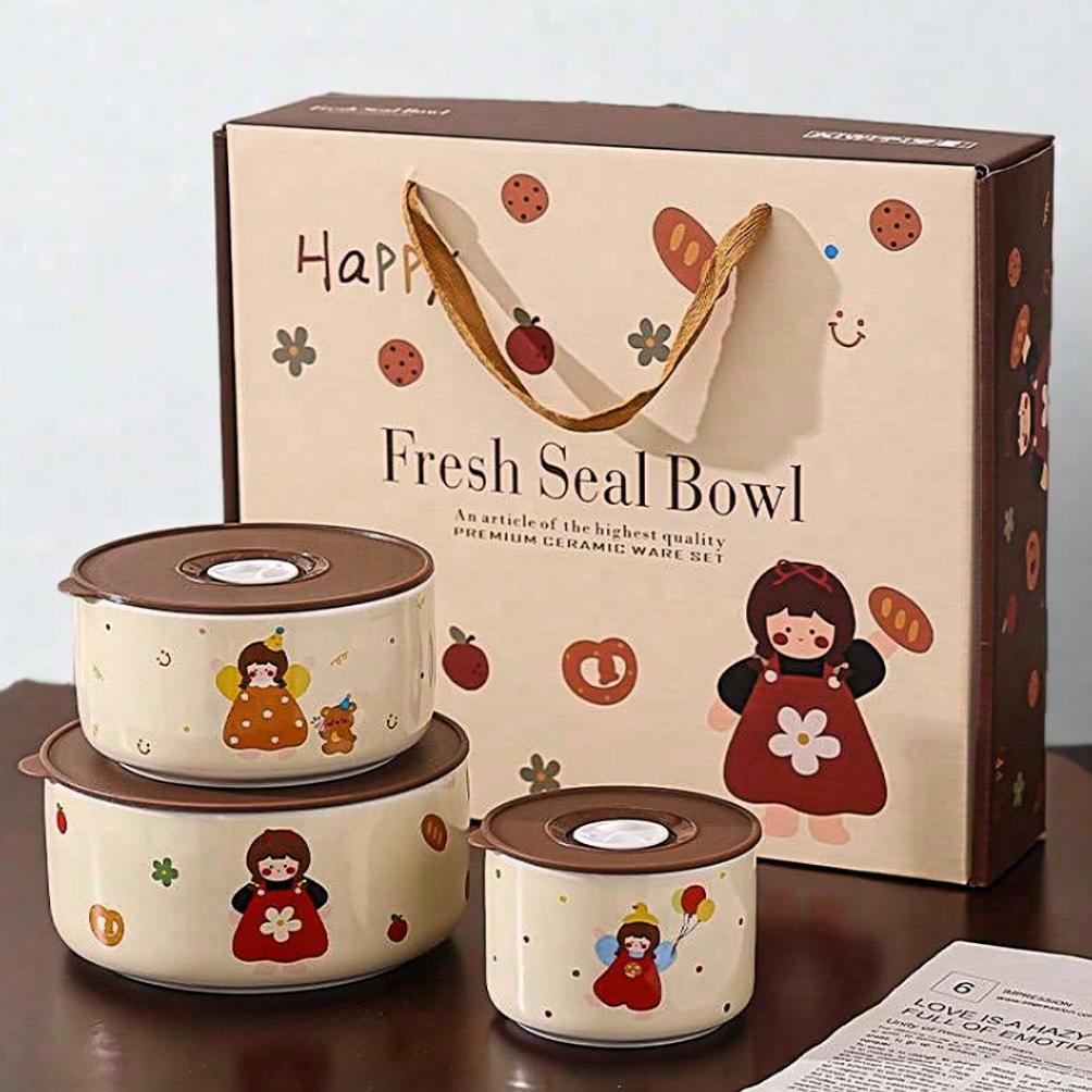 Three Piece Set - Sealed Bowl Instant Noodle Bowl Set Gift Microwave / 3 Pcs Set Mangkok Tutup Seal 