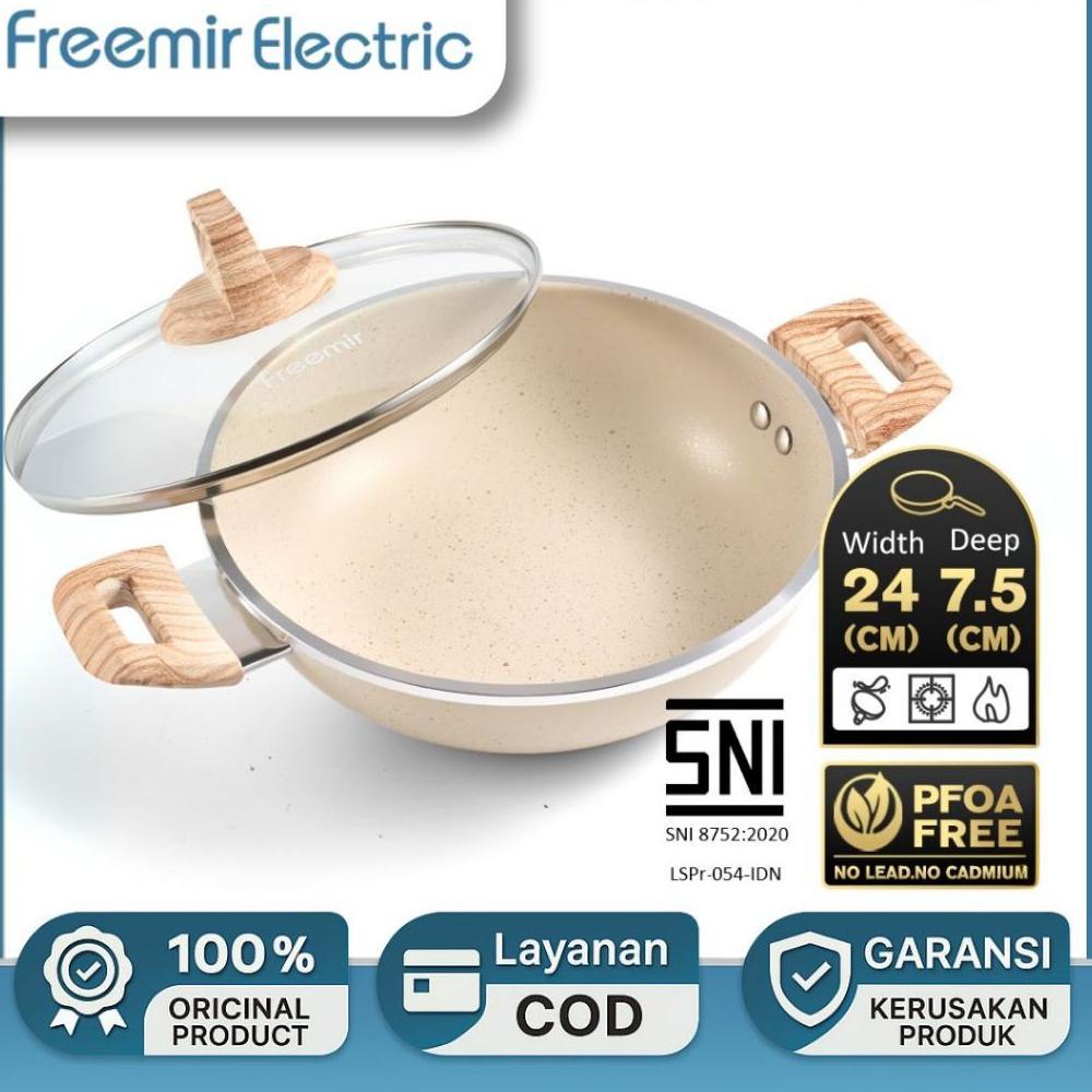 freemir Wajan Anti Lengket  24 cm Kedalaman 7.5 cm Tutup Granit Anti Lengket Wajan Serbaguna Beige