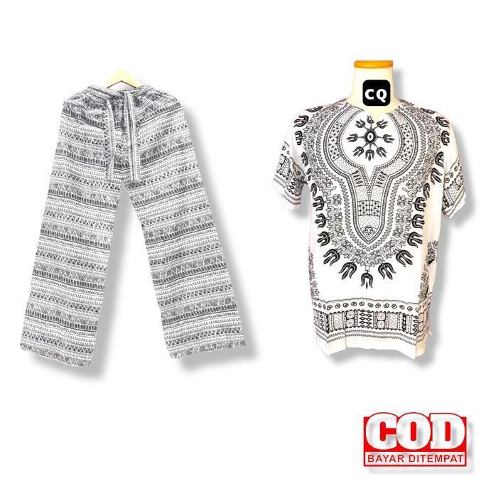 DV100 - Setelan celana panjang dashiki putih hitam/ setelan celana panjang pria wanita/ setelan cela