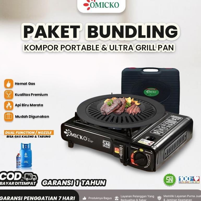 Paket Kompor Portable + Grill Pan Anti Lengket Omicko | Alat Masak BBQ & Grill