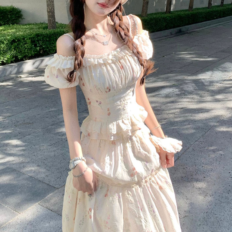 [PickMe Shop] Set atasan cantik bermotif bunga satu bahu Prancis dan rok panjang