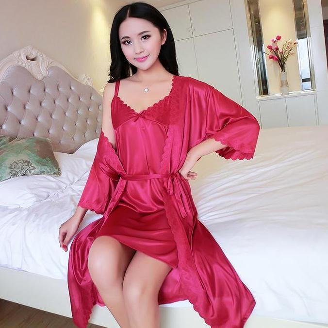 Promo JC3002 Baju Tidur Lingerie Wanita Import Korea Classy Sexy Kimono 2in1 Free Size Tricot Satin 