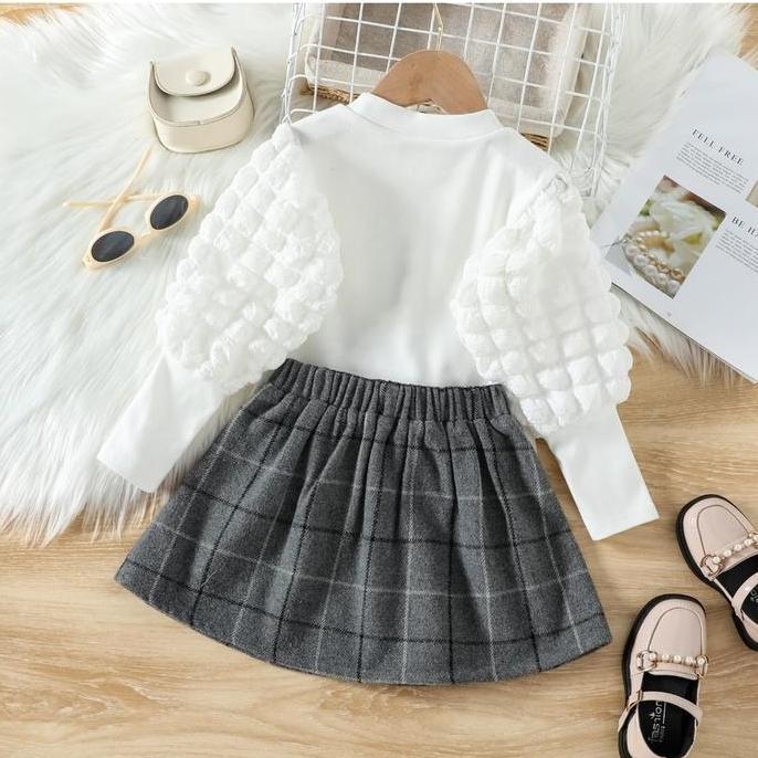 Promo SSP13-Setelan Set Anak Perempuan Blouse Crinkle + Rok Fanel Kotak2 COD