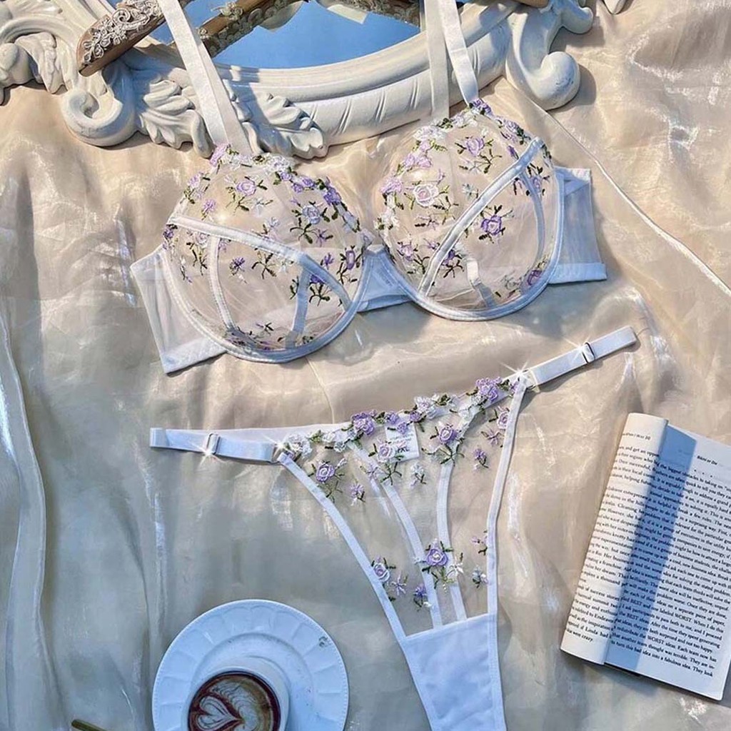Set bra bordir cewek seksi berbahan mesh baru yang tembus pandang dan bernapas