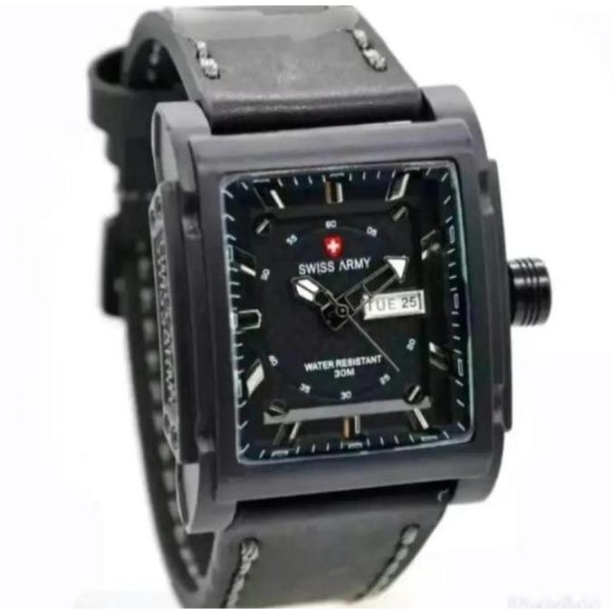DS93 >> Jam Tangan Pria Swiss Army Tanggal Hari Aktif Tali Kulit Body Kotak  full stainless Watchh {