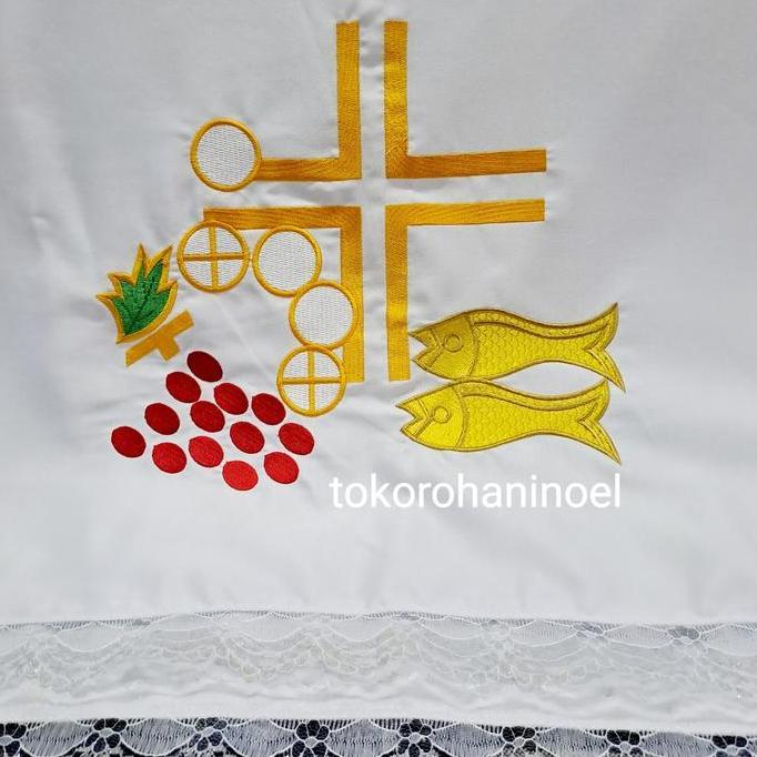 Taplak Meja Altar Putih Bordir 5 Roti 2 Ikan 250150cm