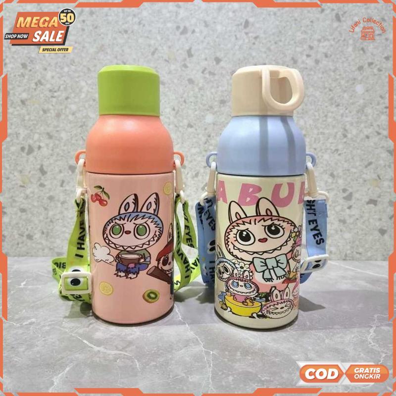 Berkualitas // Botol Tempat Air Minum Stainless 304 600ml/ Tumbler Anak Sekolah Tali Panjang + Box -