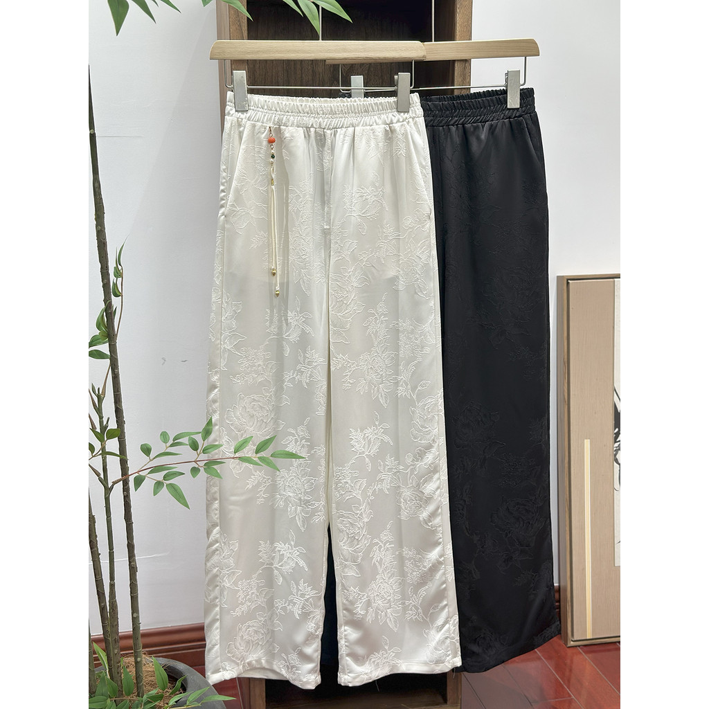 Celana Panjang Lurus Pinggang Elastis Jacquard Brokat Pesona Labu