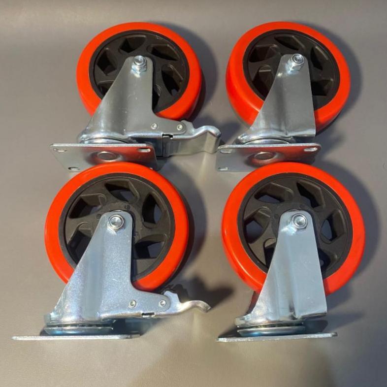 roda troli pu 5 inch merah doubel bering 1set ( 2pcs roda hidup 2pcs roda rem ) Roda Troli