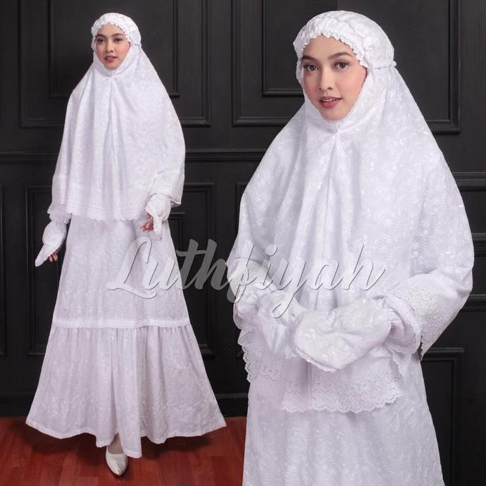 Promo Baju Umroh Wanita Model Satu Set Gamis Bergo Sarung Tangan Katun Poliester Polos Bunga Putih h