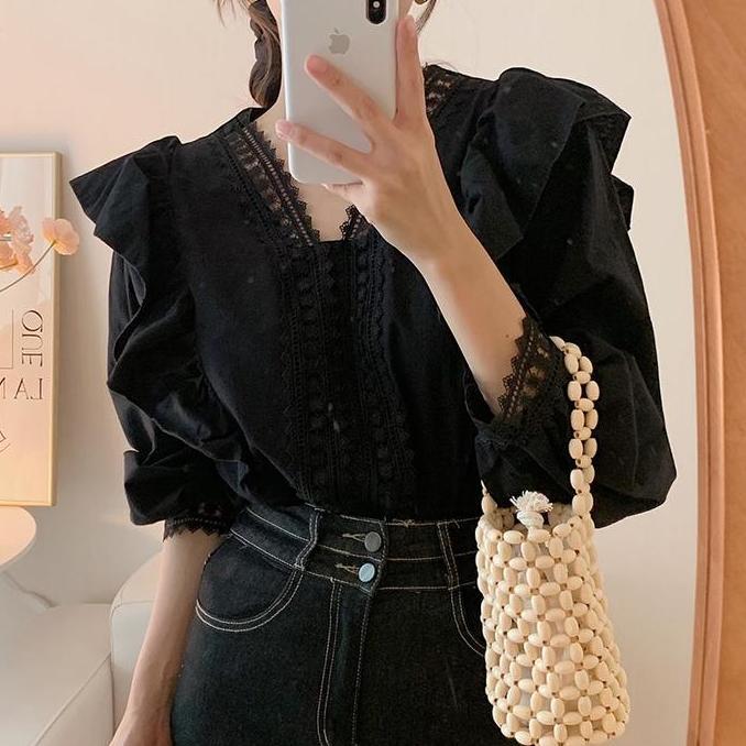 Promo Bellastyle #Kemeja wanita V-neck renda renda manis dan ladylike, lengan panjang gaya istana at