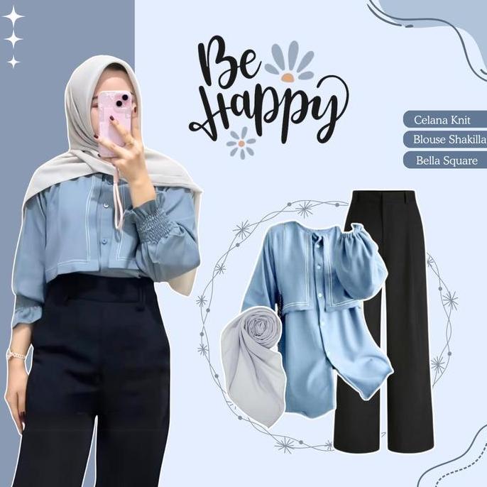 Promo Outfit Remaja korean Style Hijab (Blouse - Celana Knit - Hijab Bella Square) Outfit kuliah Wan