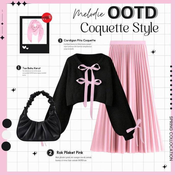 Promo One Set Hijab Style Rok dan Atasan | Cardigan Coquette Pita Hitam Lengan Balon, Rok Plisket | 