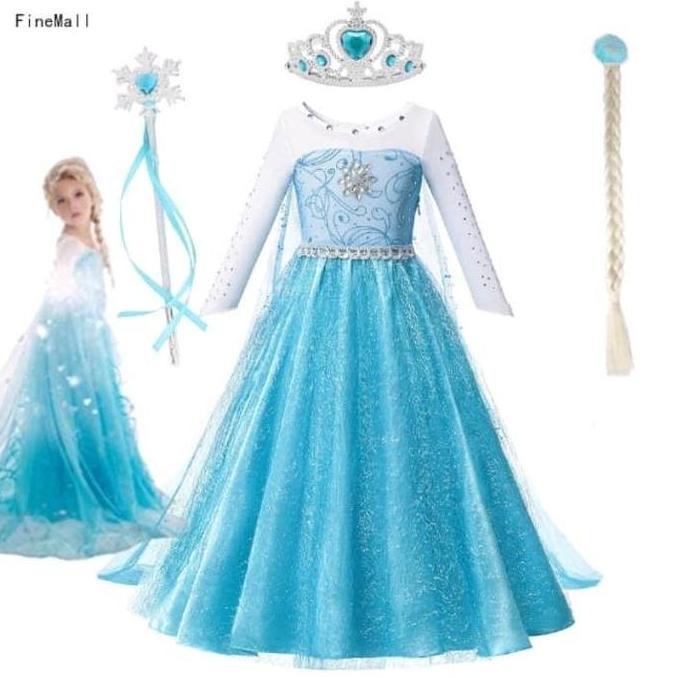 PAKET lengkap 1 set Dres Frozen elsa - gaun anak frozen + aksesoris - baju pesta frozen - baju elsa 
