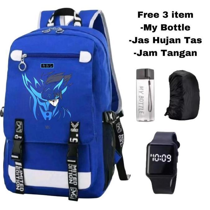 Tas Ransel Anak Anime Dark Siluet Biru + Bonus Jam Digital, Botol Minum & Jas Hujan | Tas Sekolah Je