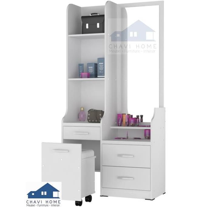 Set meja rias kaca panjang lengkap dengan kursi stool full putih