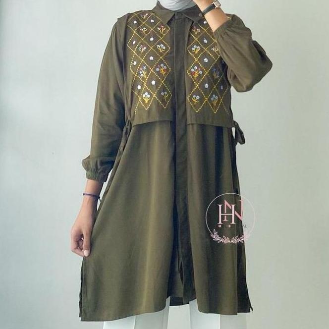 Savia Tunik Panjang Kancing Variasi Bordir Rayon Twill Motif Rompi Tunik Wanita Muslim